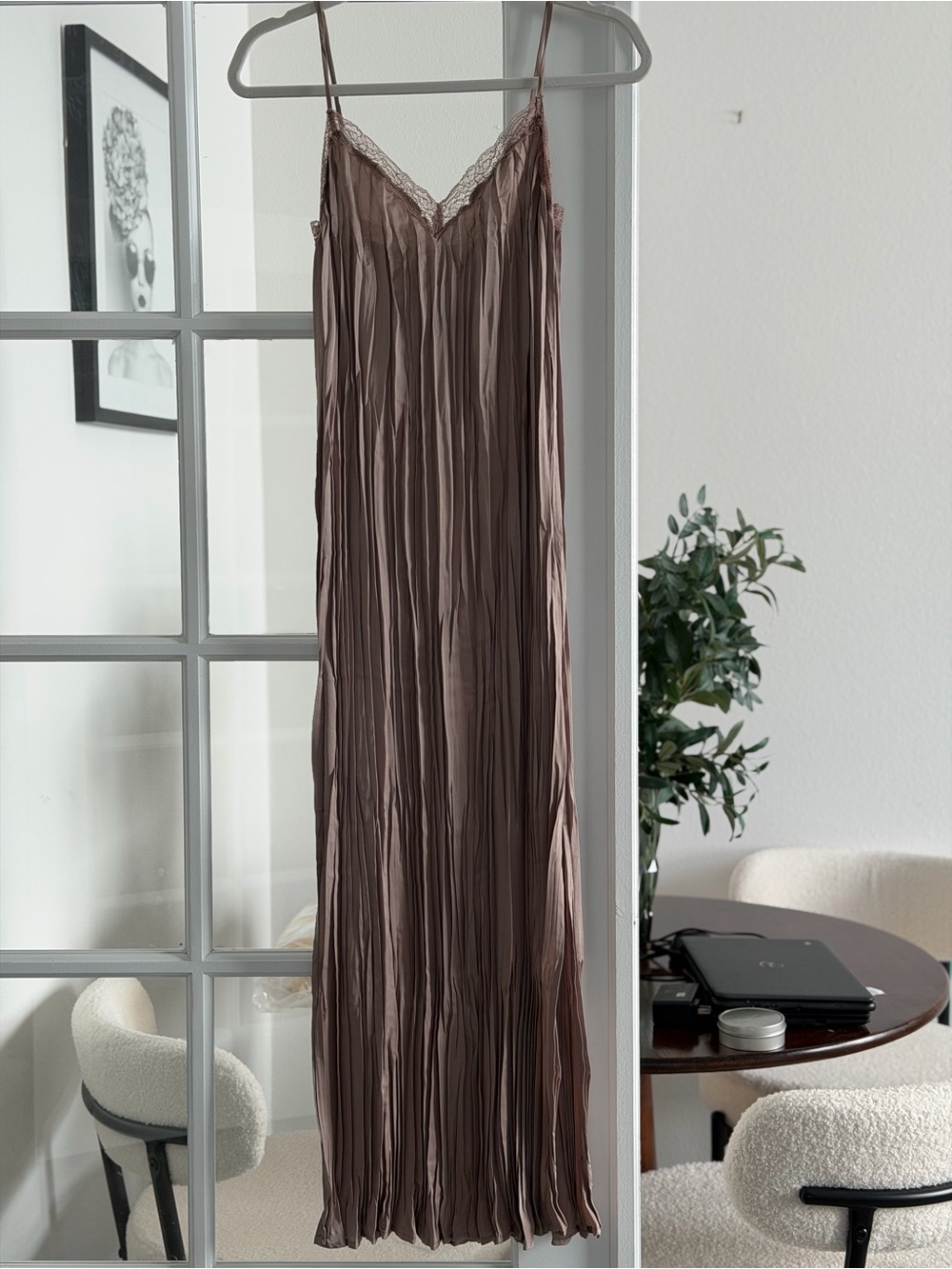 H&M Taupe Pleated Lace-Trim Slip Maxi Dress
